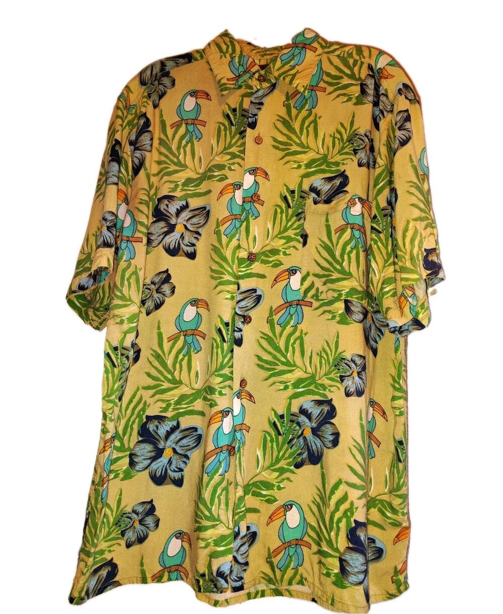 Vintage Utopia Toucan Tropical Hawaiian Shirt Mens Medium Green 100% Rayon